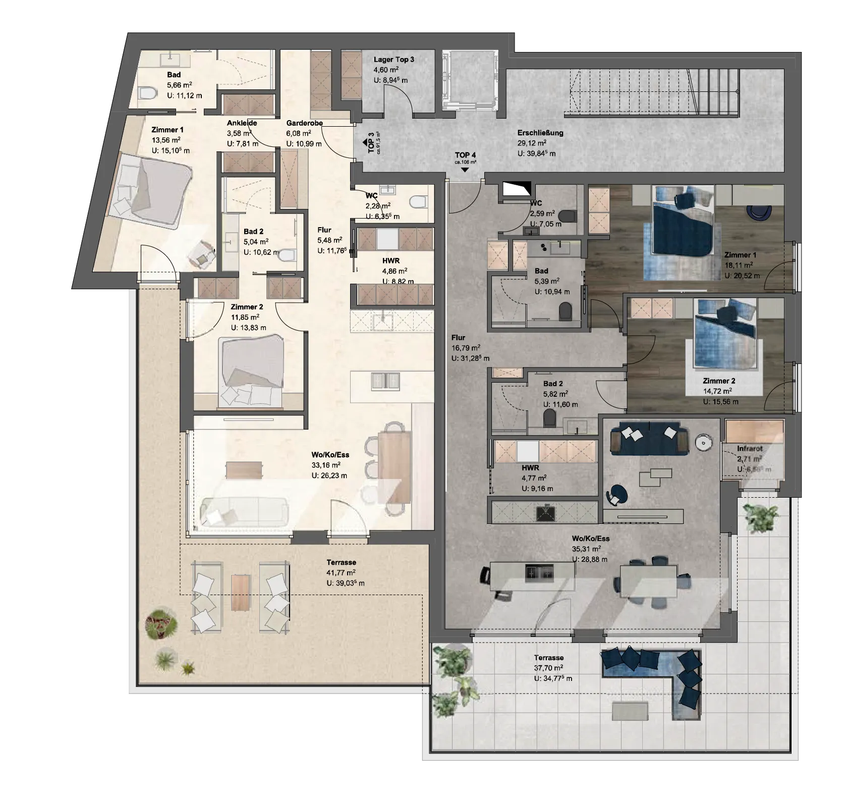Floor plan — Apartments 3 and 4